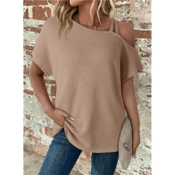 Off Shoulder Waffle Knit Top One Sleeve Casual Lightweight Summer T Shirt - Picture 3 of 6